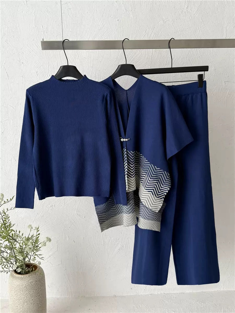 Blue colourway of women’s knit co-ord set with geometric chevron overlay