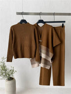 Brown colourway of women’s premium knit co-ord set with chevron detailing