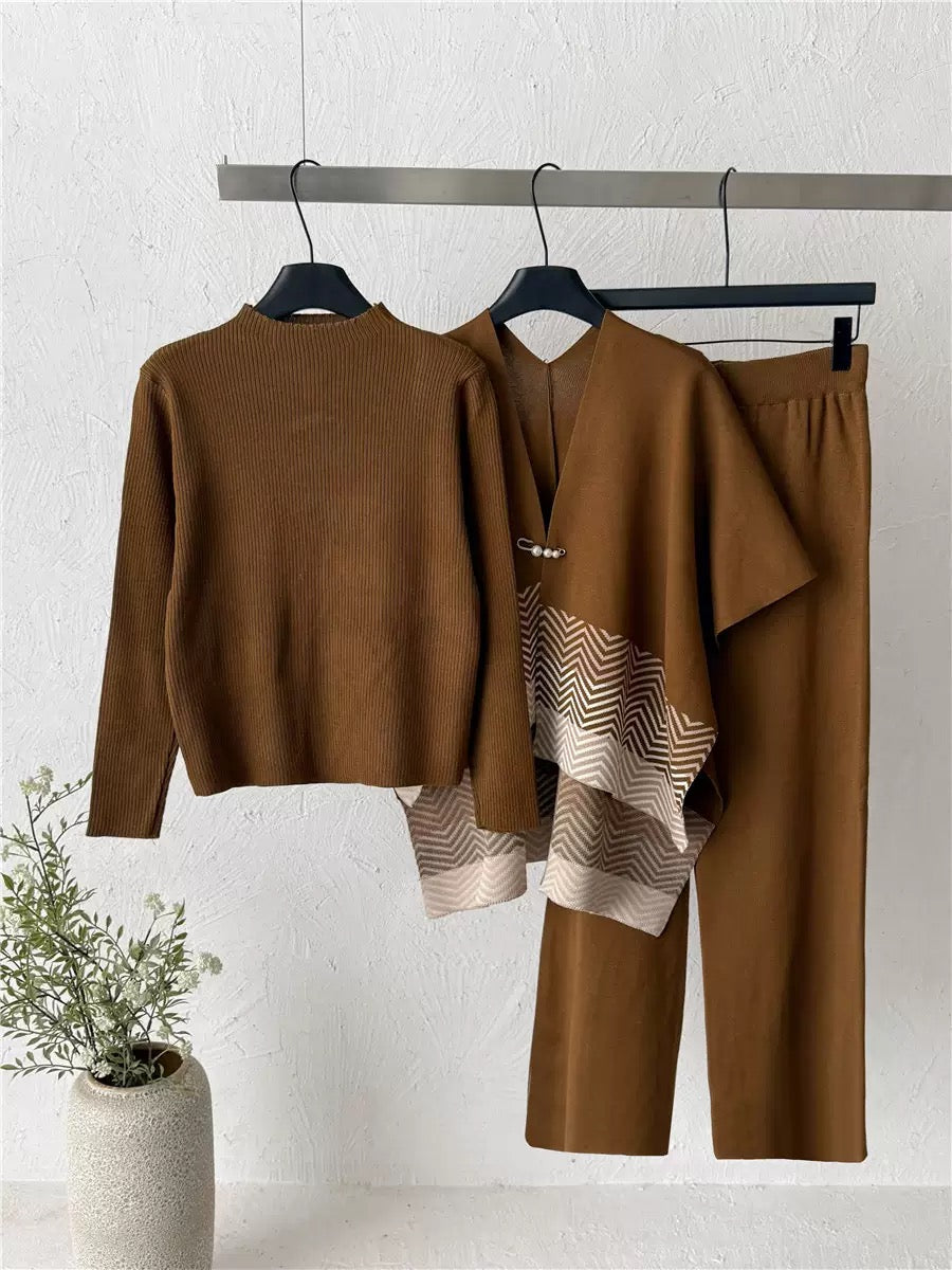 Brown colourway of women’s premium knit co-ord set with chevron detailing
