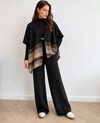 Westery Noir Chevron black knit co-ord set on model with wide-leg pants