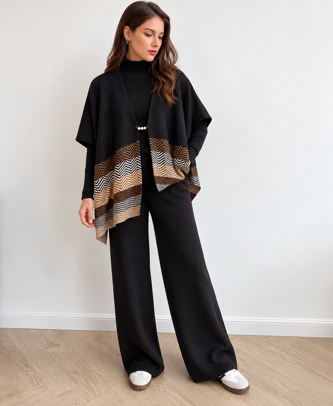 Westery Noir Chevron black knit co-ord set on model with wide-leg pants