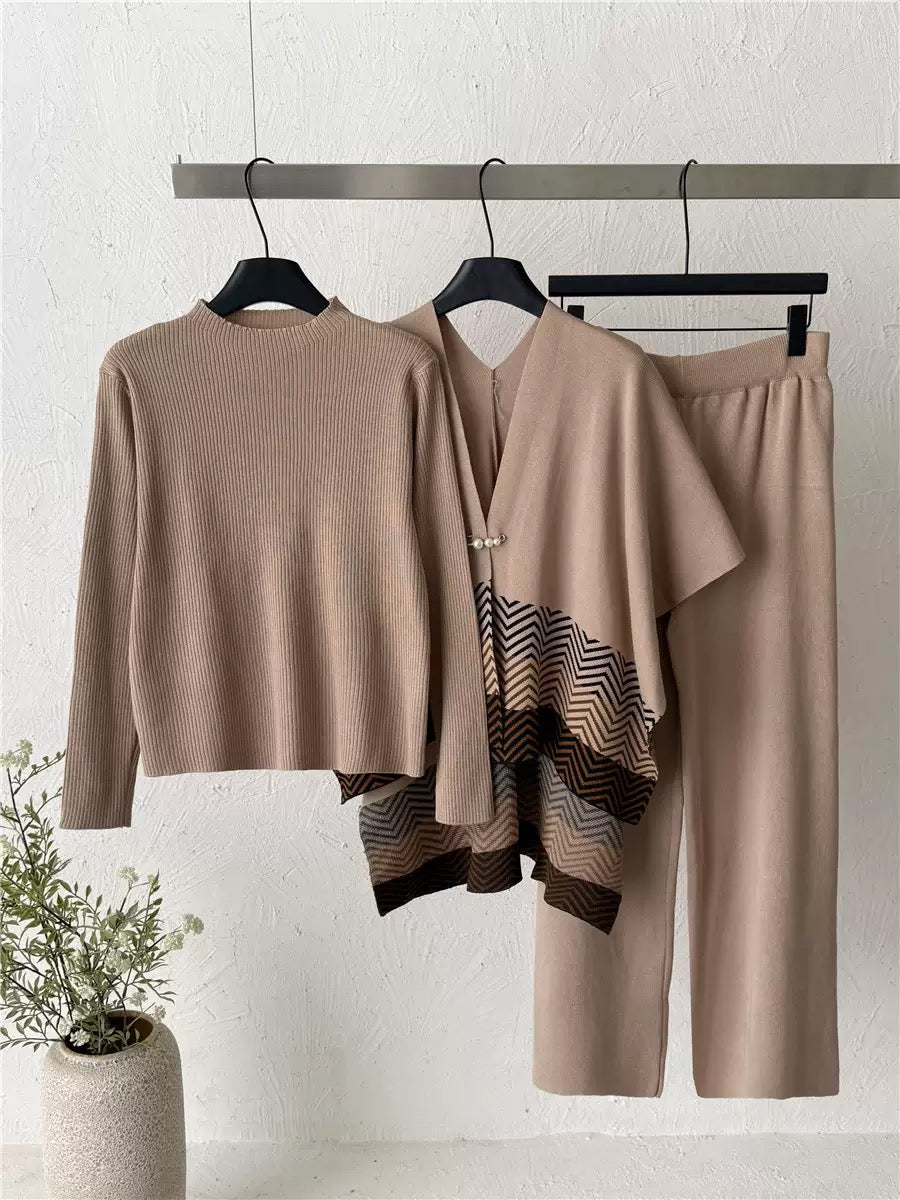 Taupe colourway of three-piece knit co-ord set with chevron overlay