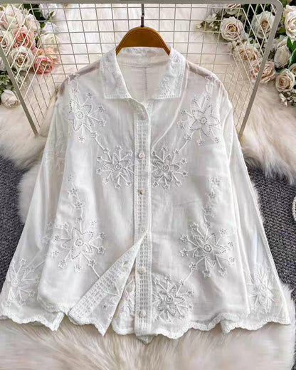 White embroidered linen cotton shirt with floral lace and silver embellishments - front view button-down blouse