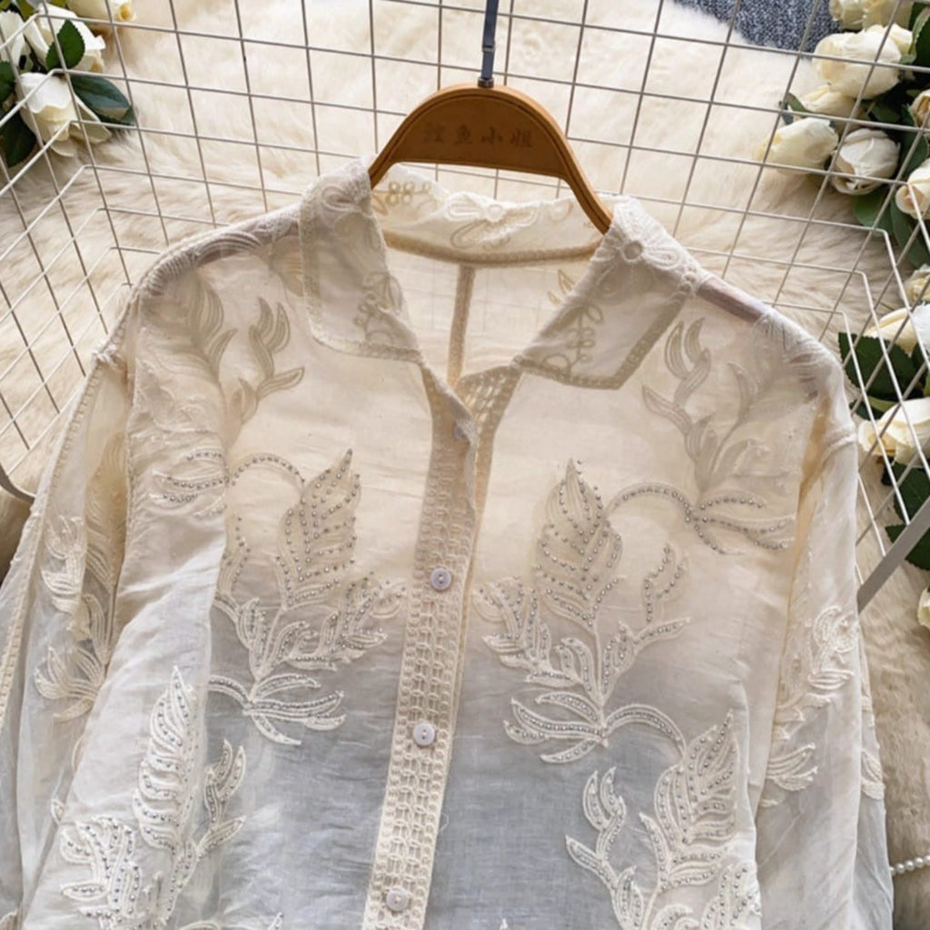 White embroidered linen shirt full length - summer formal wear for women