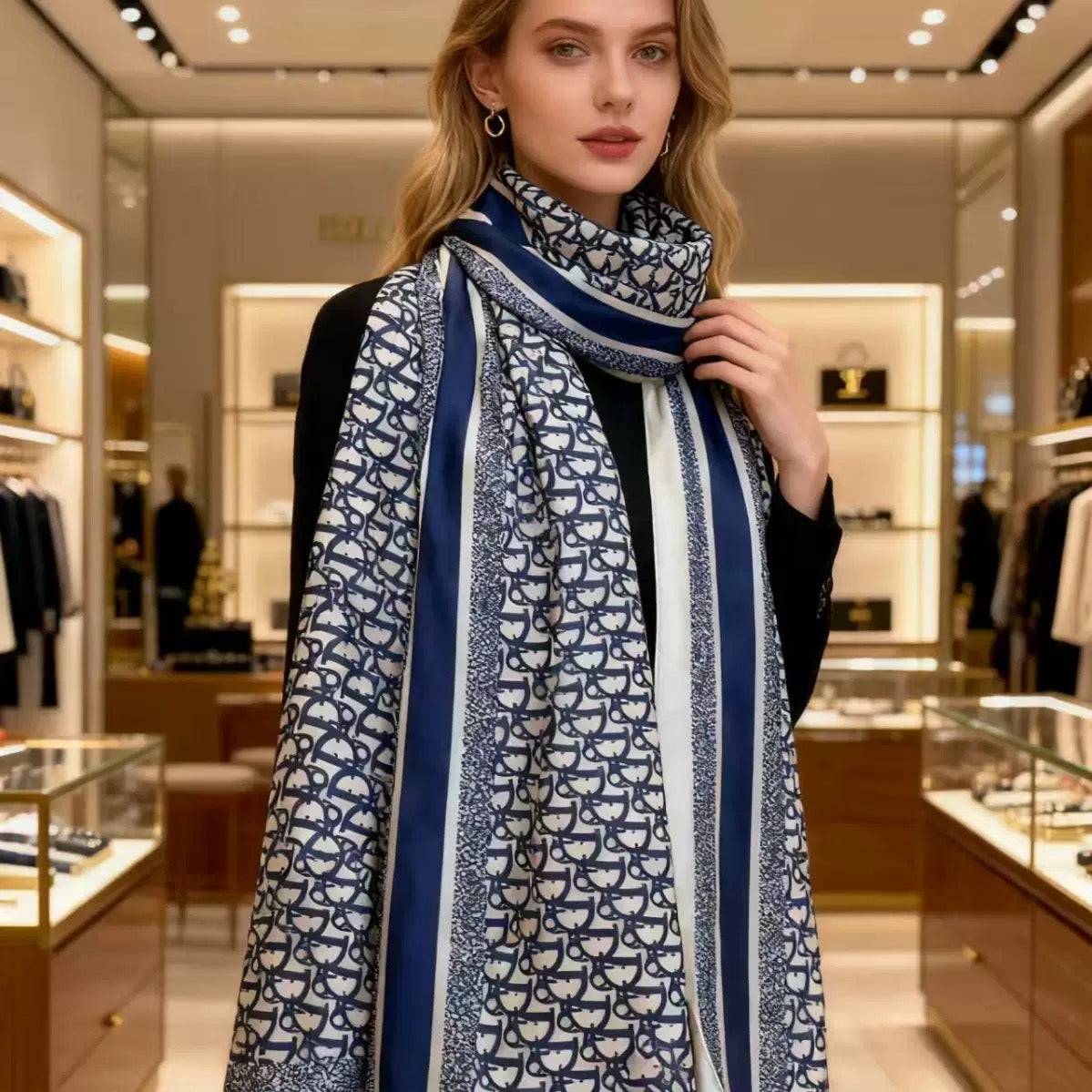 Woman styling navy blue designer monogram print stole - elegant neck wrap luxury scarf