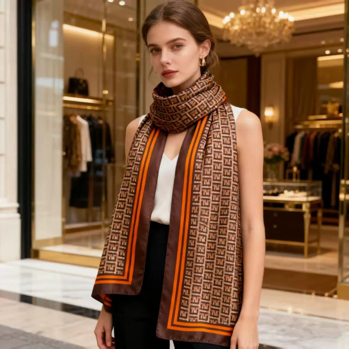 Woman wearing brown beige orange designer monogram print silk scarf - geometric luxury scarf styling with white top