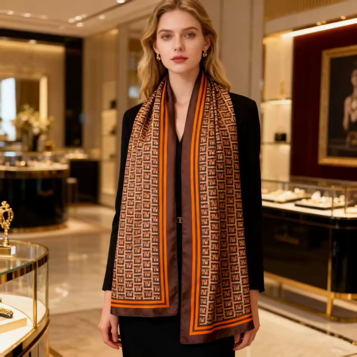 Woman wearing designer monogram scarf with black blazer - brown beige orange geometric print professional styling