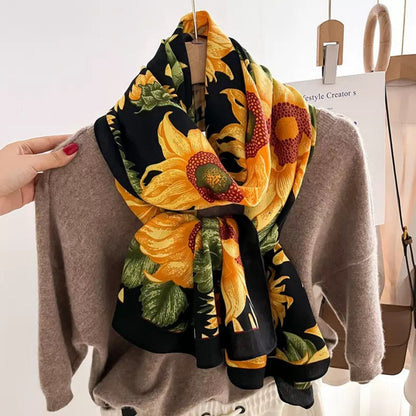 Woman wearing sunflower print viscose cotton scarf with beige sweater - casual floral scarf styling